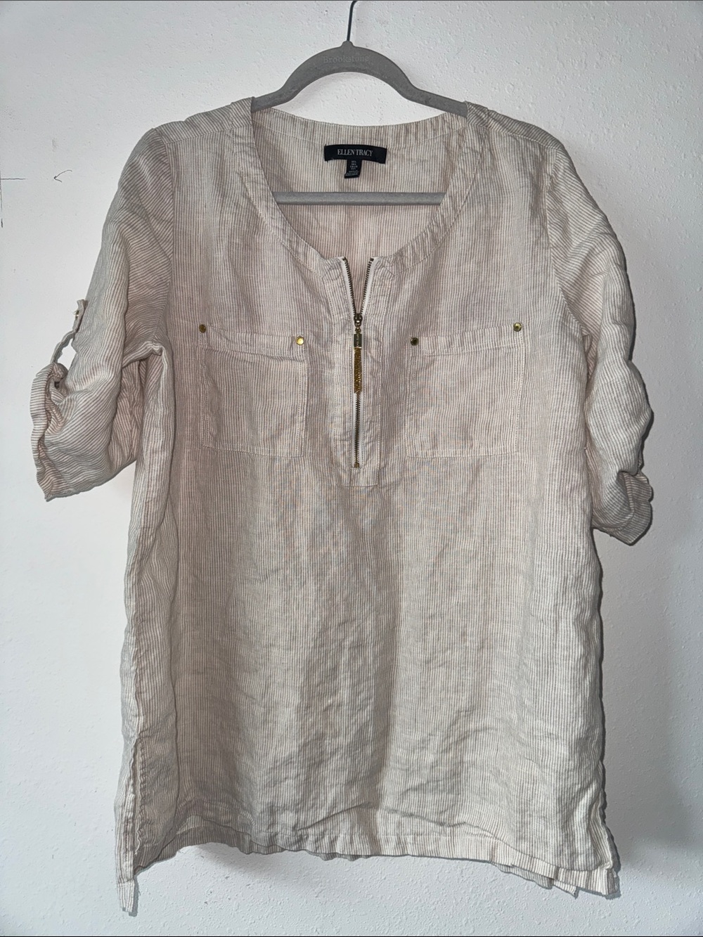 Ellen Tracy Neutral Cream Linen Zip Tunic with Roll Tabs